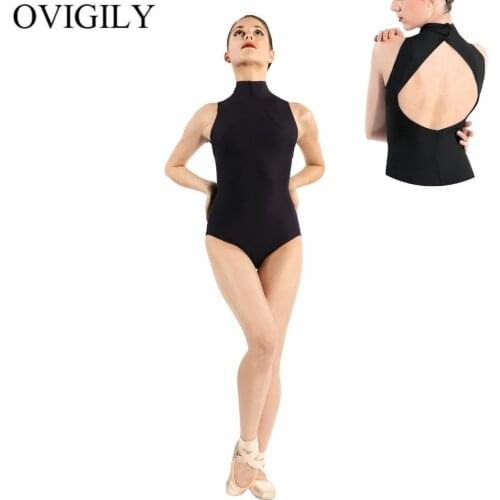 OVIGILY Child Sleeveless Ballet Dance Leotard Kids Open Back Mock Neck Black Leotards Dancewear For Girls Performance Show Tops