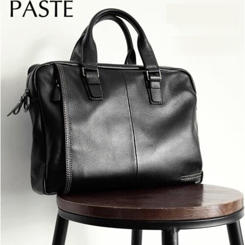 PASTE 100% Genuine Leather Briefcase Business Office Male Laptop Shoulder Bag 14'' Inch Laptop Bag Natural Cowskin Handbag