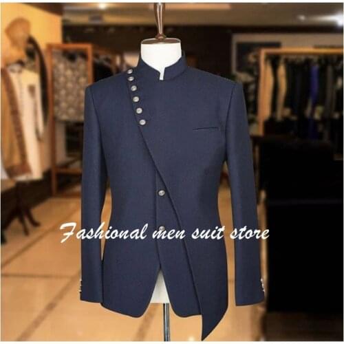 Latest Irregular Costume Homme Mariage Men Wedding Suits Stand Collar Groom Blazer Terno Masculino Slim Fit 2 Pieces Jacket+Pant