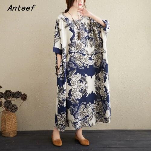 Cotton linen oversize plus size vintage floral for women casual loose long summer dress elegant clothes 2021 ladies dresses