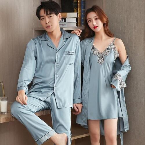 Luxurious Silk Pijama Set Top & Pants Men Spring Autumn Satin Lounge Shirt Lovers Couples Sleepwear Male Night Wear Night Suit