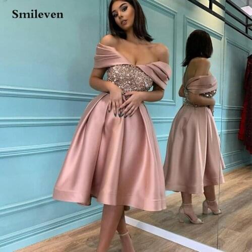 Smileven Rose Pink Off The Shoulder Sequins Evening Dresses Tea Length Satin Prom Gowns Saudi Arabia Special Occasion Dresses