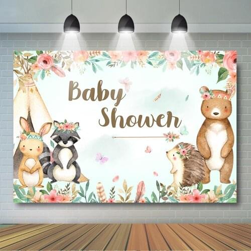 Boho Safari Baby Shower Backdrop Girl Baby Shower Party Decoration Boho Tribal Tent Woodland Animals Floral Photo Background