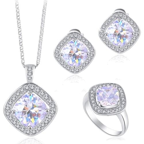 ROLILASON Silver stamped Earring Necklace Pendant rings Wedding Clear AAA CZ Fashion Jewelry Set for party JS641
