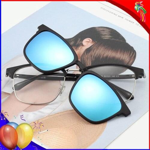 Unisex Polarized Sunglasses With Magnetic Clips on Eyeglasses Frame Square UV Protection Optical Eyewear Myopia Coating Lens