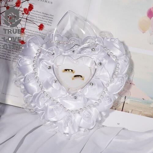 Heart Shape Wedding Ring Pillow with Rose Flower Flash Diamond Hanging Ring Box Romantic Lace Bow Bridal Ring Pillow for Wedding