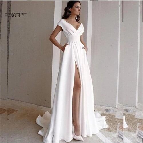 Elegant V-Neck Wedding Dress 2021 Fashion Short Sleeve Sweep Train Slit Split A Line Bridal Gown with Pockets свадебные платья