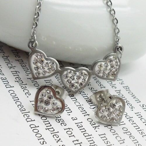 316L Stainless Steel Jewelry Wedding Party,Heart to Heart earing Rhinestone Pendant Necklace set EV-G220
