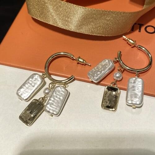 Baroque Rectangle Pearl Pendant Earring Retro Luxury Fashion For women Gold Color High Quality Jewelry Wedding party Gift