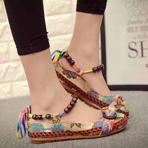 Plus Size Flat Shoes Woman Beaded Strap Women Colorful Back Lace up Fashion Ladies Floral Cotton Fabric Womens Footwear