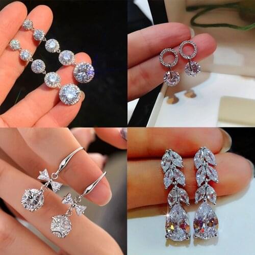 Female Crystal White Zircon Stud Earrings Vintage Silver Color Wedding Jewelry Boho Bow Leaf Round Earrings For Women