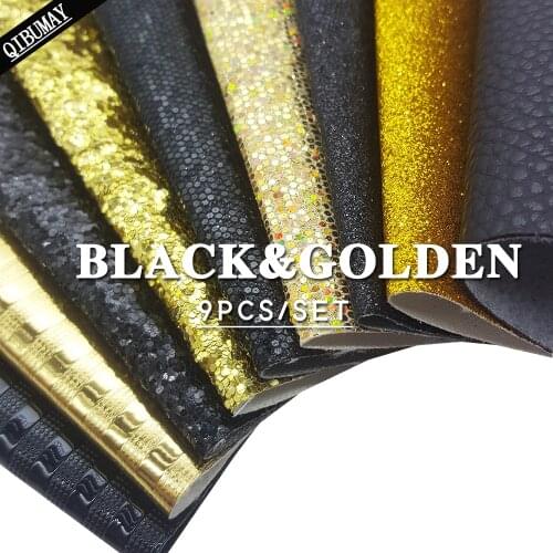 QIBU 9pcs 22*30cm Black&Golden Faux Leather Sheets Chunky Glitter Fabric Accessories A4 DIY Bow Bags Earring Material Decoration