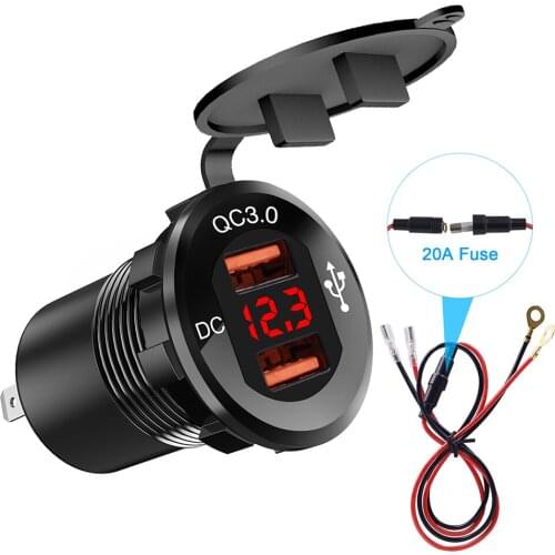 Car Marine USB Charger Shell with Voltmeter + Wires Dual 3.0 Socket Aluminum for Outdoor Personal Car Parts Decoration
