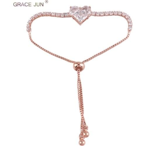 GRACE JUN Hot Sale Inlay Mirco AAA Cubic Zircon Tennis Bracelet&bangle Fashion Bridemaid Wedding Romantic Chain Heart Bangle