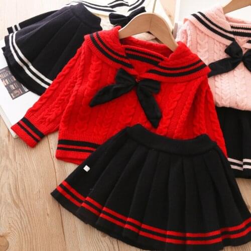Navy collar Autumn Toddler Baby Girl Clothes Bow Children Winter Knitted Sweater Dress 2Pcs Kids Suit Clothing For Girls Dress