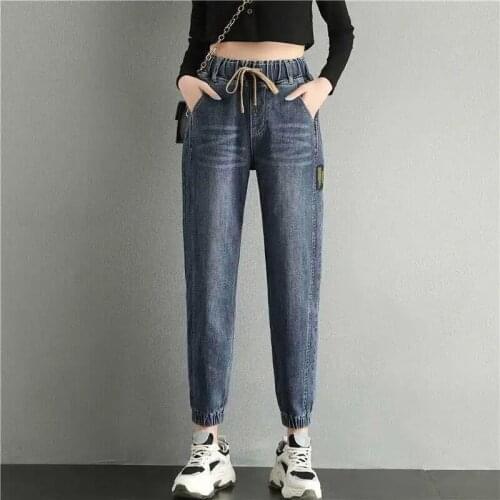 New Drawstring Stretch Harem Jeans Women Casual High Waist Denim Pants Korean Spring Autumn Ankle-Length Pants Retro Trousers