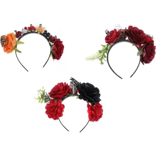 Handmade Rose Skull Headdress Flower Skull Headband for Halloween Party Christmas Creative Gothic Hair Accessories