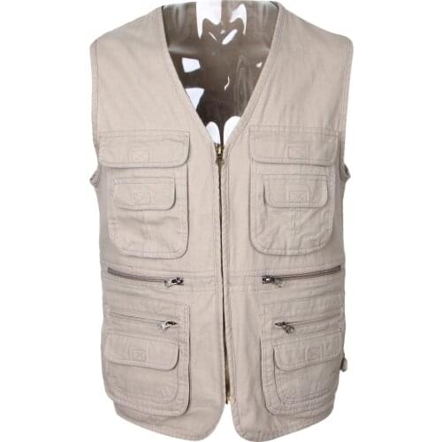 Cotton Multi-Pocket Zipper Waistcoat Outdoor Jacket Fishing Photography Vest Beige