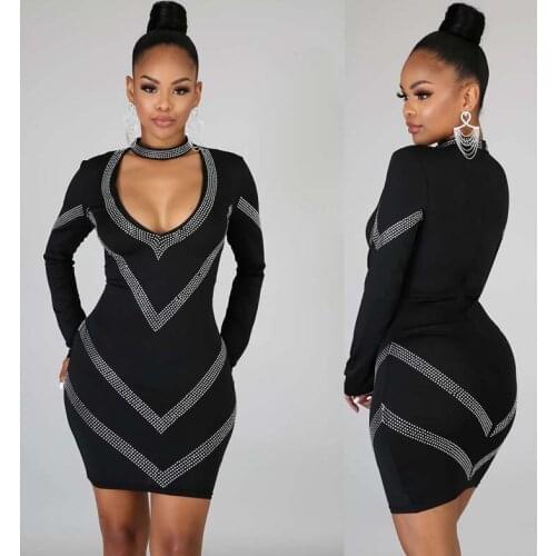Good Quality Lady Hot Drilling Sexy Club Dress Rhinestone V Stripes Halter V-neck Black Long Sleeve Bandage Party Short Dress