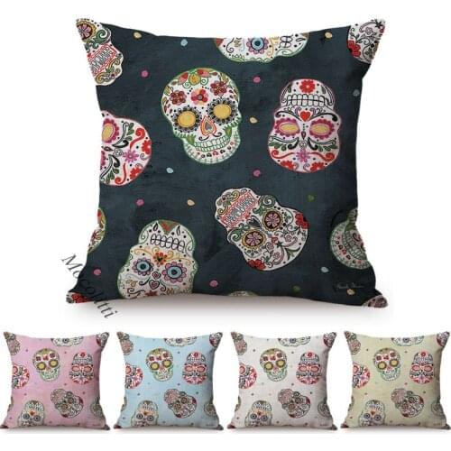 Mexican Sugar Skull Sofa Cushion Case Home Decorations Cotton Linen Bed Sofa Pillow Cover Halloween Square Cushion Cover cojines