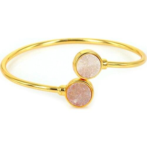 Fashion Vintage Golden Rainbow Purple Heart Shape Druzy Stone Charms Golden Base Adjustable Open Bangles Women Pulseras Mujer