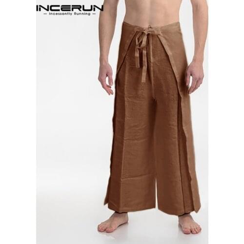 Men Wide Leg Pants Joggers Cotton Lace Up Solid Color Casual Loose 2021 Trousers Men Streetwear Fisherman Pants S-5XL INCERUN 7