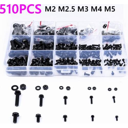 510PCS Metric M2 M2.5 M3 M4 M5 Black Nylon Phillips Pan Head Screws Hex Nut Flat Washer Kit for RC FPV Motor Quadcopter