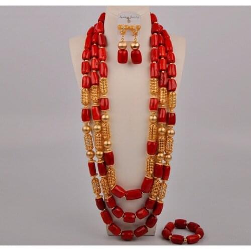 Red Coral Beads Jewelry Set for Women 32inches Long Costume Necklace Nigerian Wedding African Beads Jewelry Set