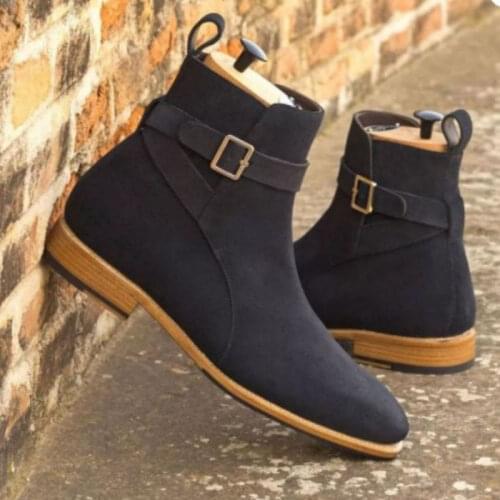 New Men Faux Suede Business Casual Boots Belt Buckle Thick Heel Flat Bottomed Cowboy Boots Hot Selling Classic Men Boots AQ124