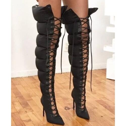 Winter New Sexy Woman Black Gladiator Down Long Boots Lady Gladiator Cuts Out Cross Lace Up 120 mm Heels Over The Knee Boots