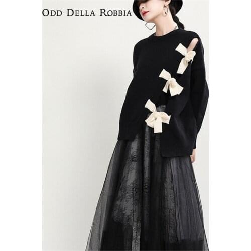 OddDellaRobbia Autumn Winter Women Personality Casual Hollow Strapless Sweater Bowknot Solid Color Loose Pullover Top 1673