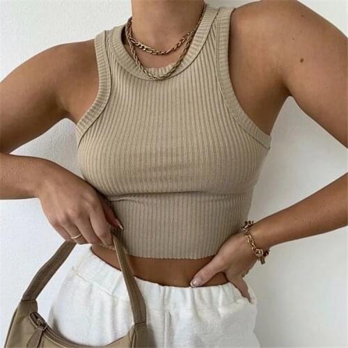 Solid Rib Knit Wide Binding Crop Casual Slim Fit Fashion Tank Top