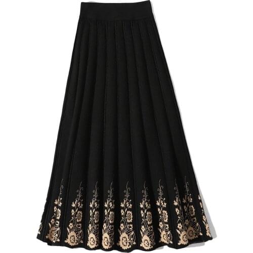 Autumn Winter Womens Skirt Ethnic Floral Print Knitted Skirt New Casual Slimming Mid-length Female Pleated Skirts LL454