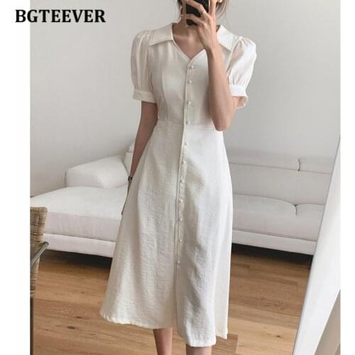 BGTEEVER Elegant Turn-down Collar Women Solid Midi Dress Puff Sleeve Single-breasted A-line Vestidos 2021 Summer Female Dress