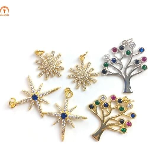 5pcs Polaris Snowflake Micro CZ Pendant Dainty Gold Plate Brass Christmas Trees Pendant Necklaces For Women Jewelry Set Gift DIY