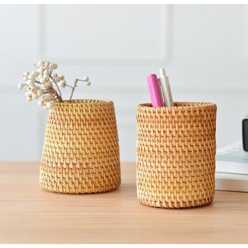 Handwoven Rattan Bucket Chopsticks Tube Shovel Spoons Dinner Knives Forks Tableware Storage Box Home Storage Baskets Organizer