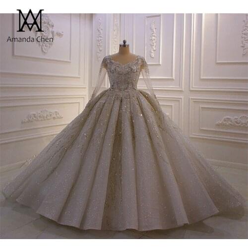 Robe de mariage Long Sleeve Lace Appliqued Crystal Glitter Wedding Dress