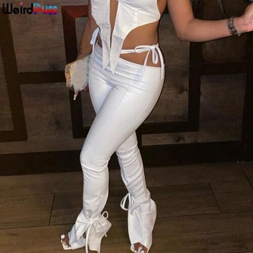OrangeA Women High Waist Bandage Y2K Leather Pants Side Split Lace Up Chic PU Streetwear Harajuku Slim Summer Winter Trousers