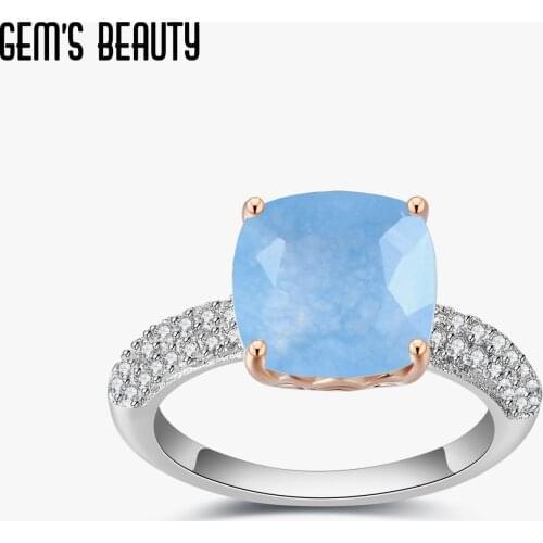 GEMS BEAUTY Natural Aqua-blue Calcedony Statement Ring 925 Sterling Silver Gemstone Candy Rings For Women Fine Jewelry