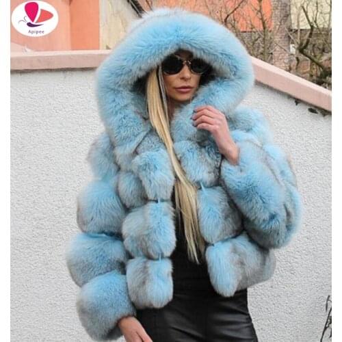 Women Fashion Luxury Faux Fur Coat Hooded Autumn Winter Warm Overcoat Woman Warm Fake Fur Solid color Coats Female Ladies