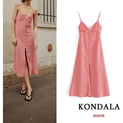 KONDALA Za Summer 2021 Plaid Cami Dress Women Front Split Sexy Maxi Dresses Sleeveless Fashion Chic Vintage Mujer Vestidos