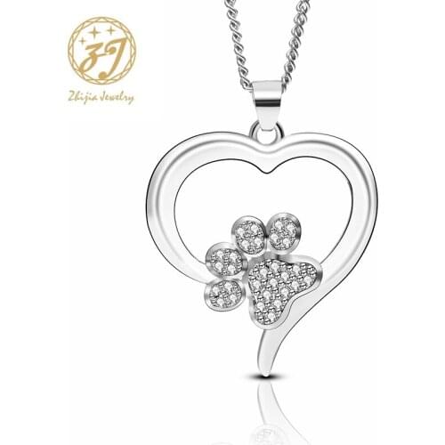 Zhijia Trendy Luxury Silver Color Crystal Rhinestone Cat Claw Heart Shape Pendant Necklace For Women Party Gifts