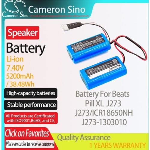 CameronSino Battery for Beats Pill XL J273 fits Beats J273/ICR18650NH J273-1303010 Speaker Battery 5200mAh/38.48Wh 7.40V Li-ion