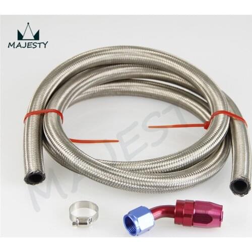 AN-6 6-AN STAINLESS STEEL BRAIDED OIL/FUEL HOSE 3FT silver +RED & blue 45 Degree SWIVEL END TUBE FITTING