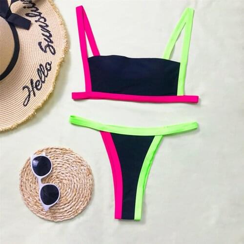 Low Waist Bikini 2021 Triangle Swimwear Women Neon Green Patchwork 2 Piece Suit Push Up Bathing Suit Micro Swimsuit Biquini