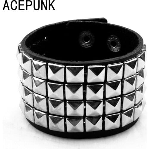Wide Punk Rivet Leather Bracelets Rock 4 Rows Square Nails Wristband Adjustable Size Jewelry Bracelets & Bangle