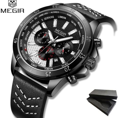 2019 MEGIR New Fashion Mens Watches Top Brand Luxury Military Quartz Leather Waterproof Sport Chronograph Watch Men Gift box