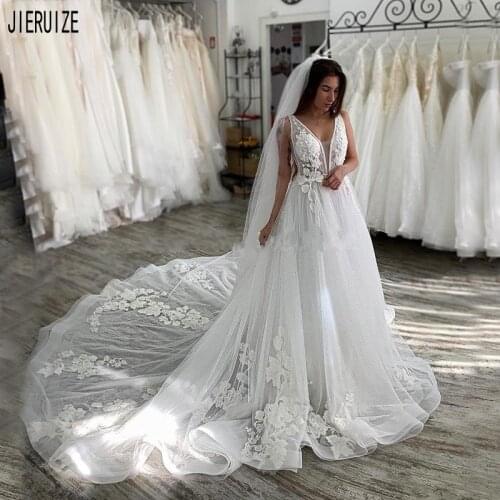 JIERUIZE Generous Long Wedding Dresses V Neck Backless White Lace Appliques A Line Bridal Dresses robe de mariee Wedding Gowns