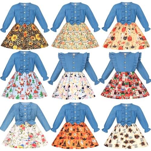 Girls Denim Floral Dress Helloween Costume Dress Children Flying Long Sleeve Casual Clothing Baby Girl Kids Christmas Outfit