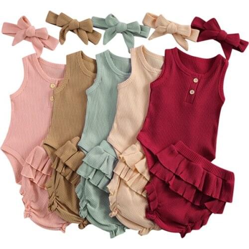 3Pcs Fashion Baby Girl’s Clothes Set Outfits Fresh Solid Color Sleeveless Jumpsuit and Ruffles Short Pants with Headband